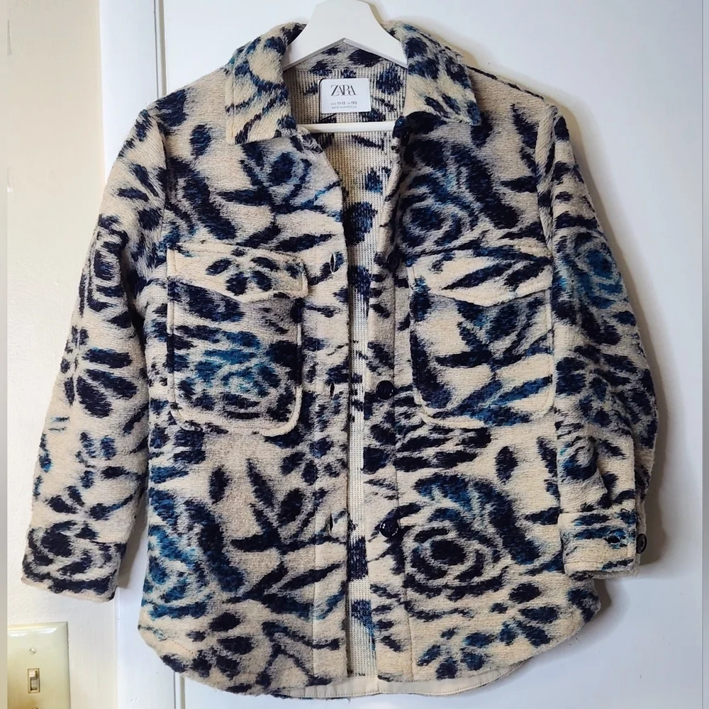 Zara Wool Blend Blue And Cream Structured Floral Overshirt Shacket Size 11 / 12